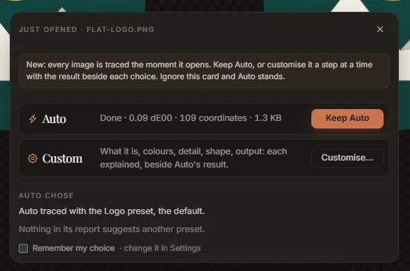 The card that appears when an image opens, with Auto's result and the Custom option