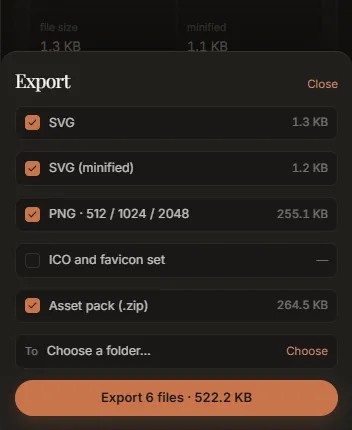 The export sheet: a checklist of formats, each with its size, and the destination