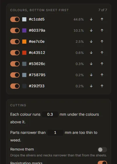 The colour list for iron-on, bottom sheet first, with the overlap below