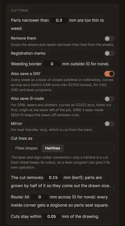 The Cutting options for a laser: smallest width, DXF, and below them G-code, kerf and router bit