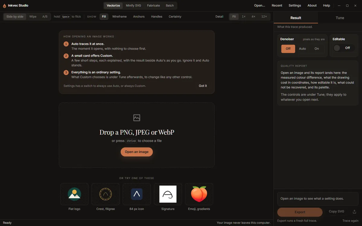 The empty Vectorize tab on first launch, with the introduction card and the samples