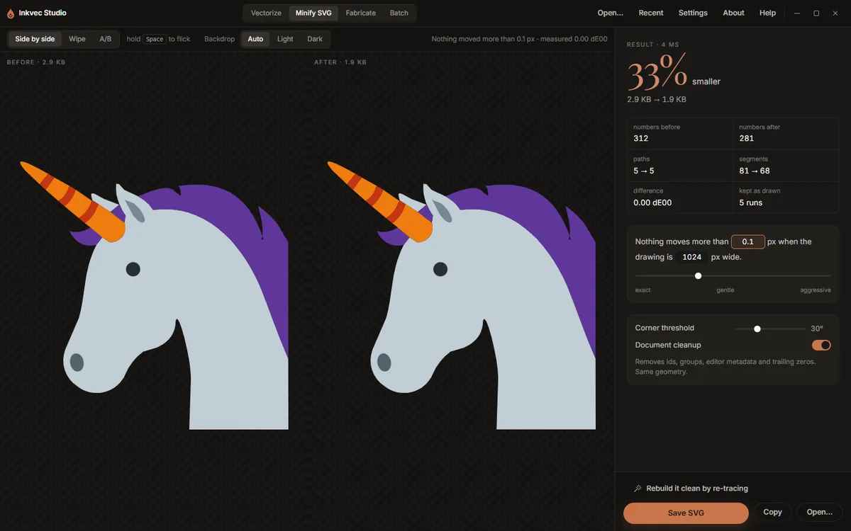 The Minify SVG tab: the drawing before and after, and what changed