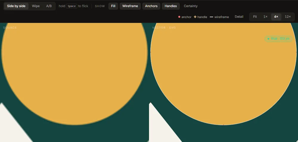 Wireframe, anchors and handles over the SVG at 4×