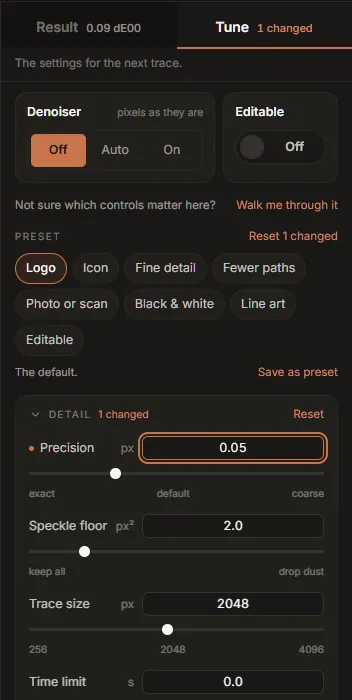 The Tune half of the rail: presets, then the Detail group with one control changed