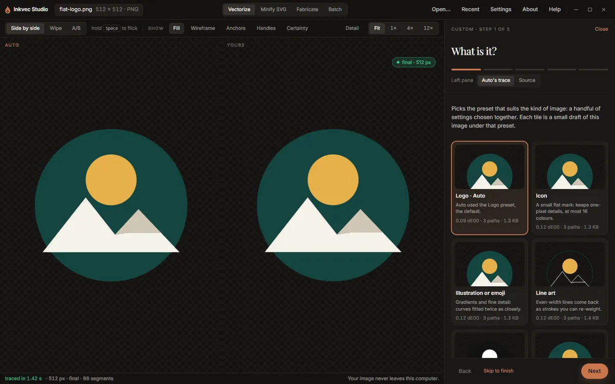 The wizard's first step: small draft previews of the image under each kind of preset